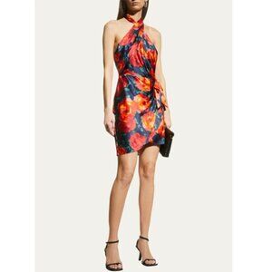 CINQ À SEPT 'Trini' Floral-Print Satin Halter Mini-Dress, Navy Multi
